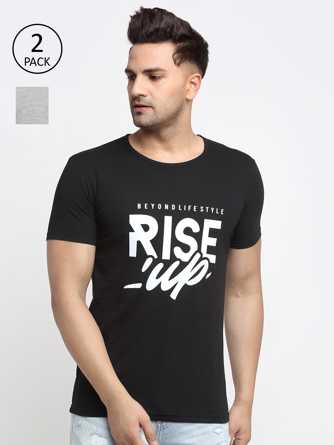 

VIMAL JONNEY Men Black & Grey Pack of 2 Typography Printed T-shirt