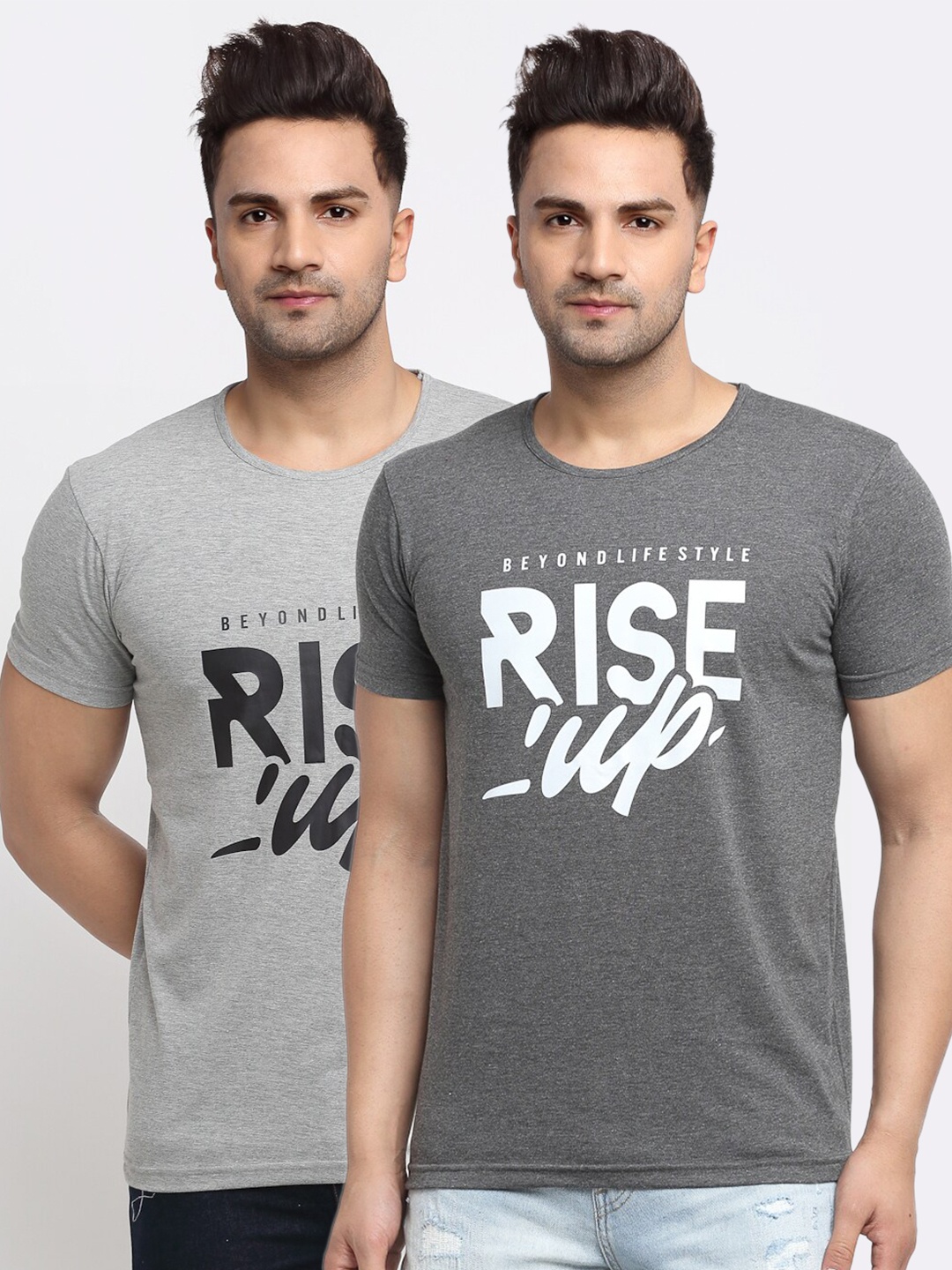 MACK JONNEY Men Grey Typography Pack Of 2 Printed Applique Slim Fit T-shirt