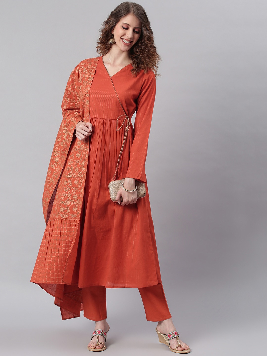 

Janasya Women Orange Angrakha Pure Cotton Kurta with Trousers & Dupatta