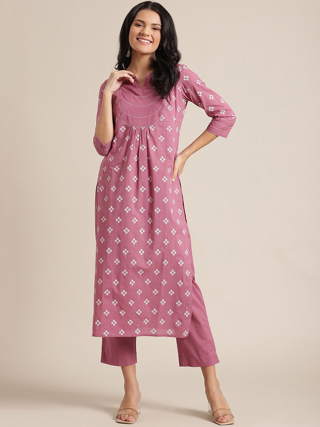 

Varanga Women Pink & White Printed Pure Cotton Kurta With Trousers