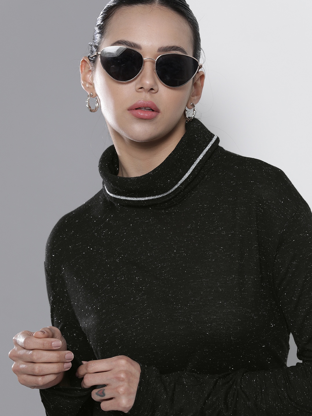 

Tommy Hilfiger Women Black Turtle Neck Drop-Shoulder Sleeves T-shirt