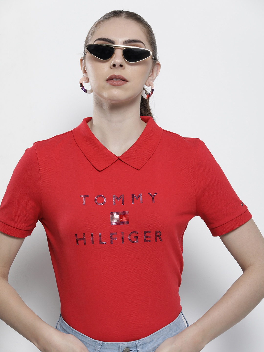 

Tommy Hilfiger Embellished Relaxed Fit Polo Collar T-shirt, Red