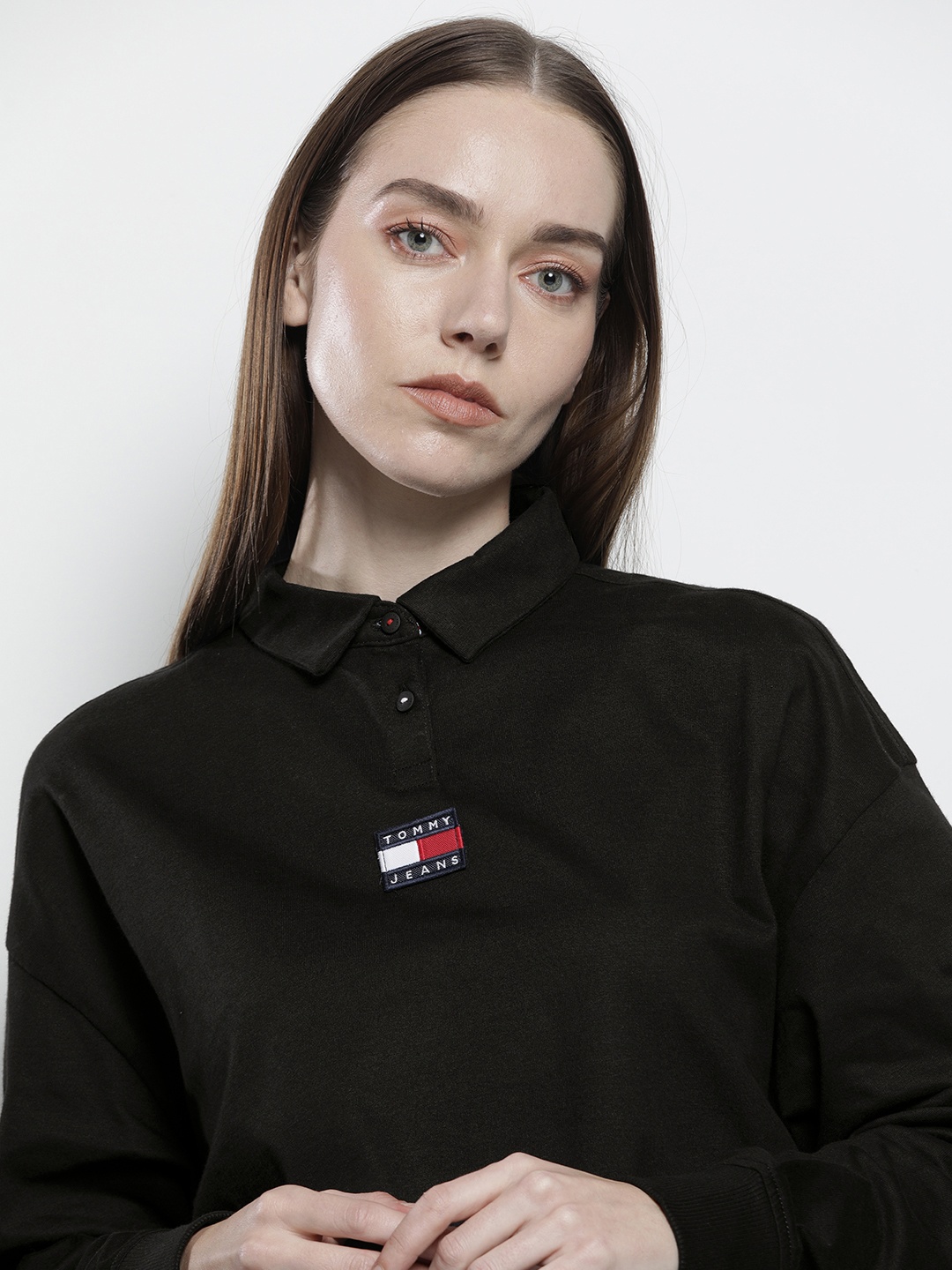 

Tommy Hilfiger Women Black Embroidered Polo Collar Organic Cotton Cropped Organic Cotton T-shirt