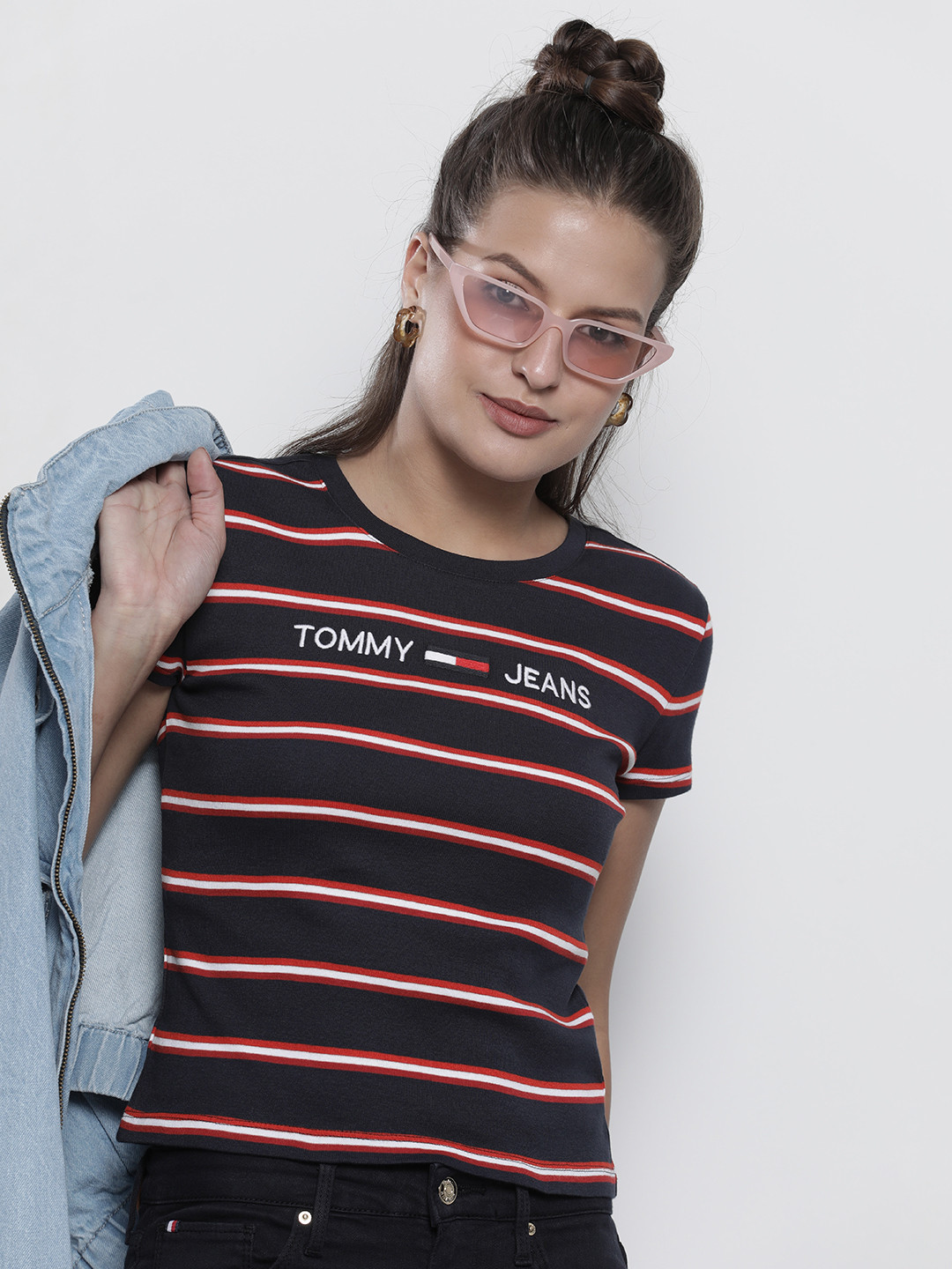

Tommy Hilfiger Women Navy Blue & White Striped T-shirt