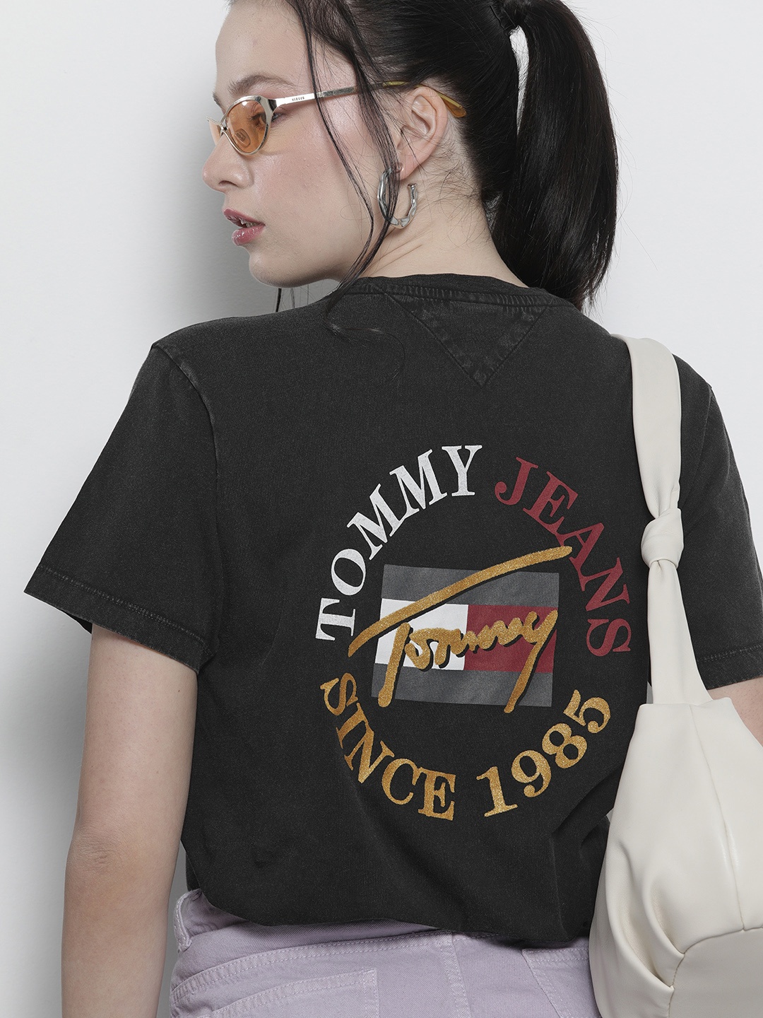 

Tommy Hilfiger Women Black Back Printed Relaxed Fit Organic Cotton Pure Cotton T-shirt