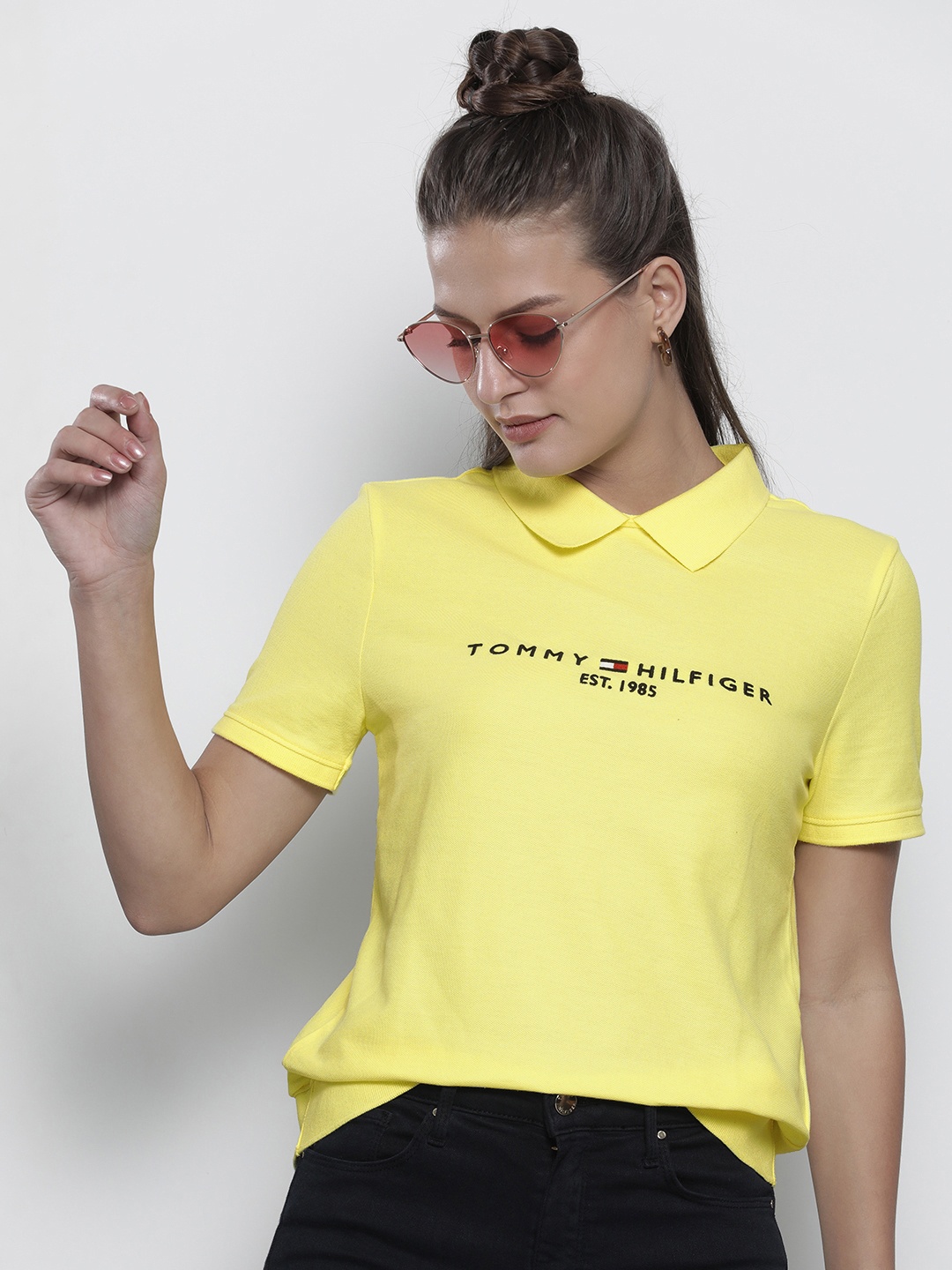 

Tommy Hilfiger Women Yellow Typography Printed Polo Collar Organic Cotton T-shirt