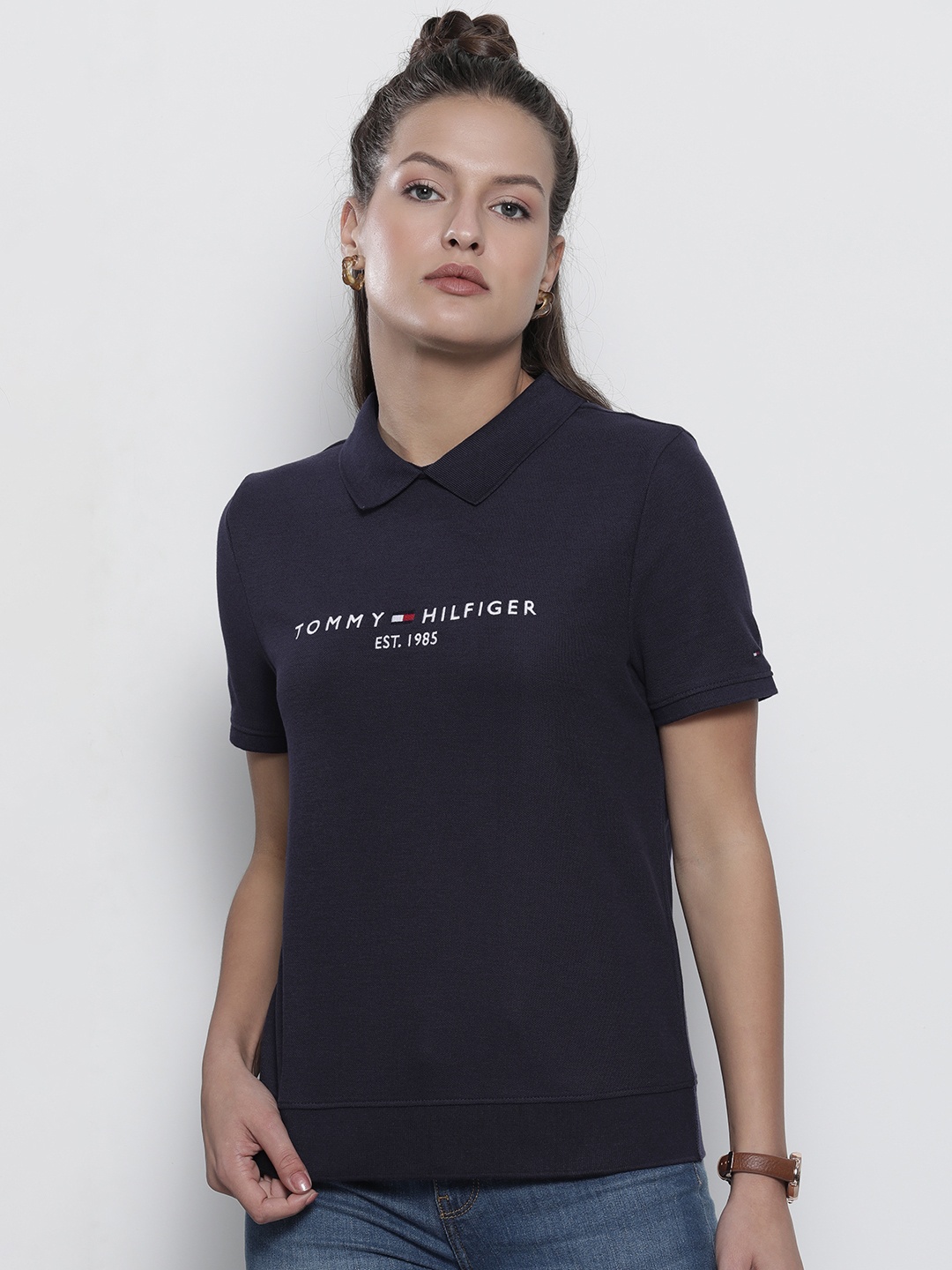 

Tommy Hilfiger Women Navy Blue Brand Logo Embroidered Polo Collar T-shirt