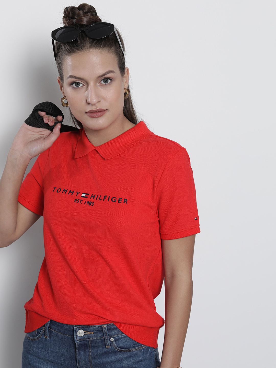 

Tommy Hilfiger Women Red Brand Logo Embroidered Polo Collar T-shirt