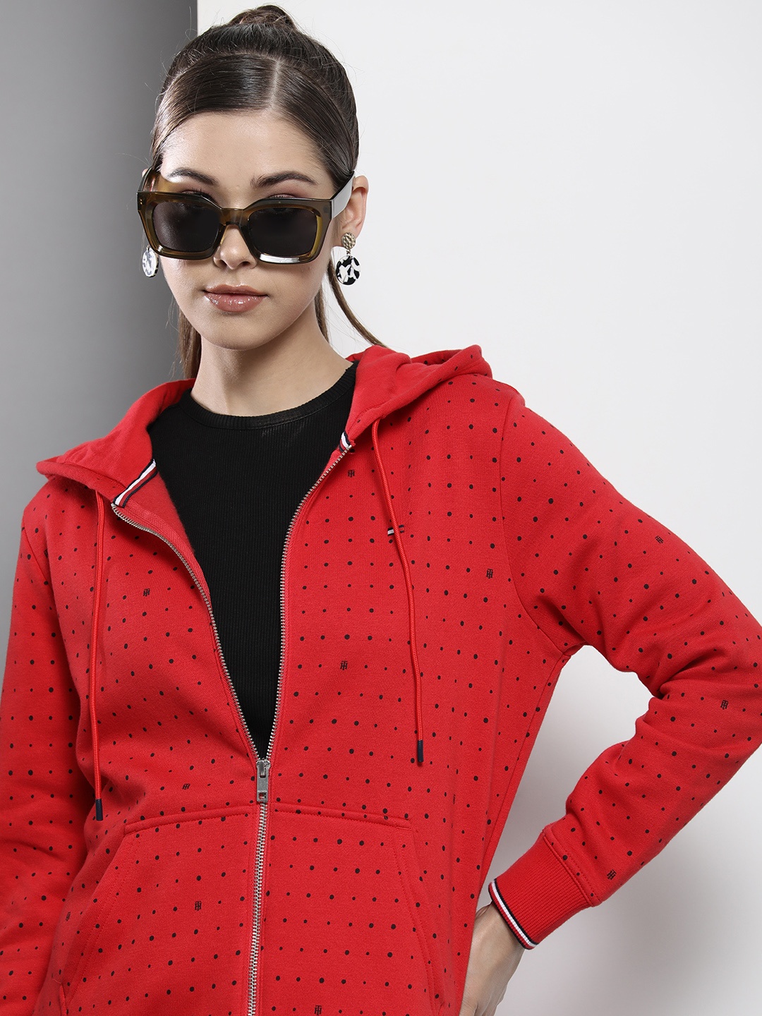 

Tommy Hilfiger Women Red & Black Polka Dots Printed Hooded Sweatshirt