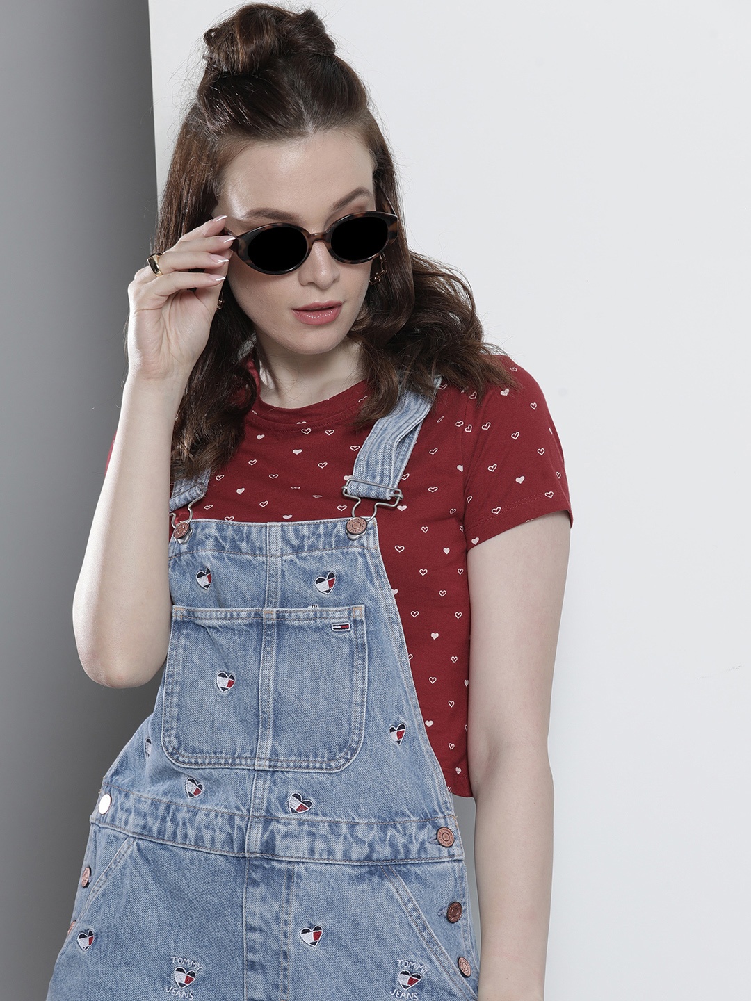 

Tommy Hilfiger Women Blue & Red Floral Pure Cotton Dungree Denim Dress