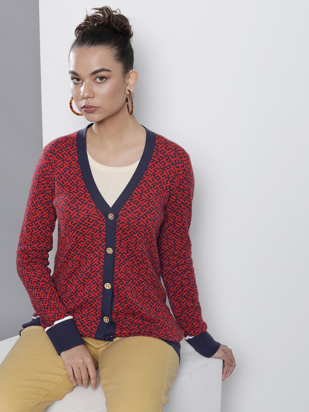 

Tommy Hilfiger Women Red & Blue Open-Front Cardigan