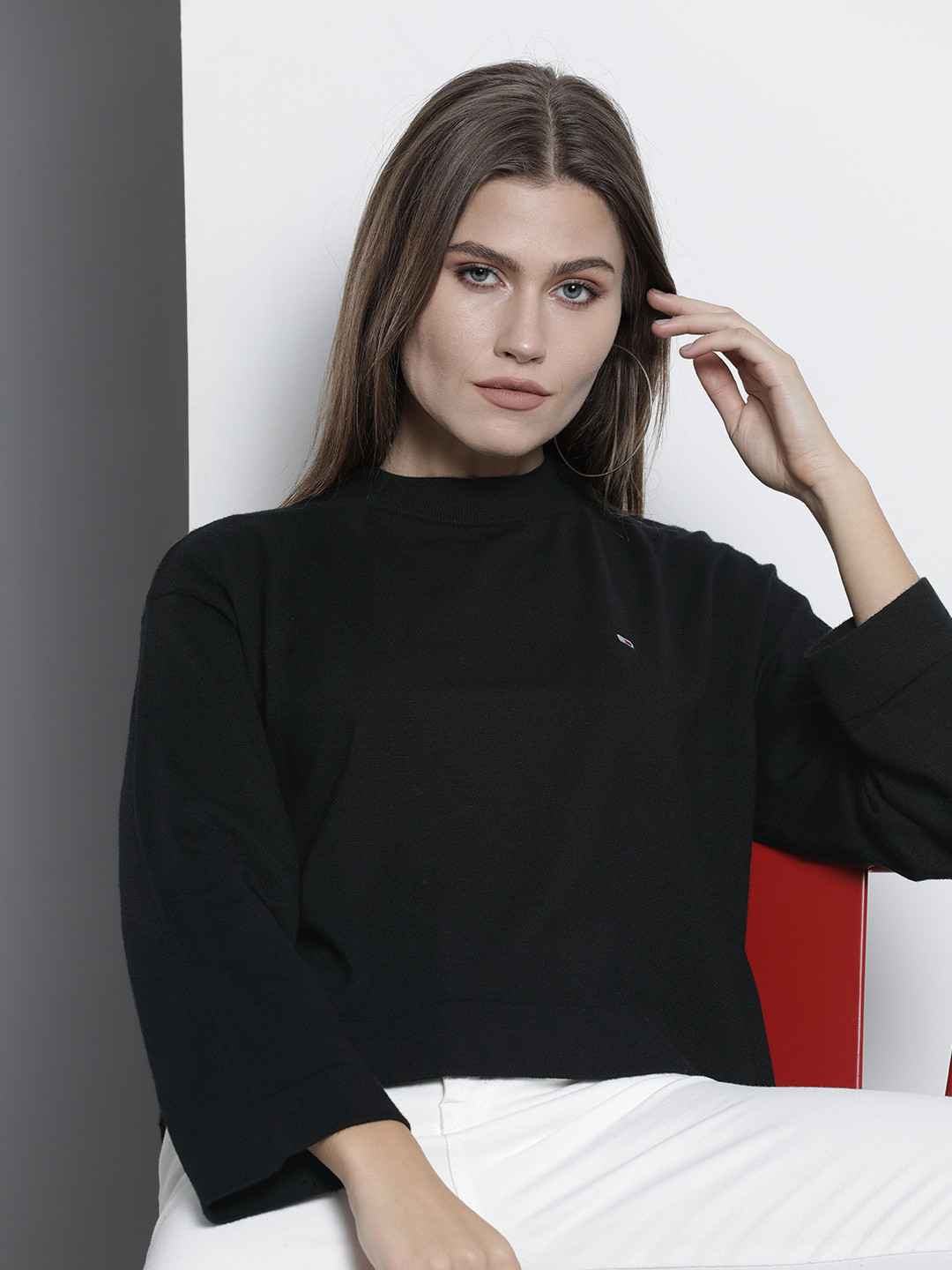 

Tommy Hilfiger Women Black Pullover with Embroidered Brand Logo Detailing