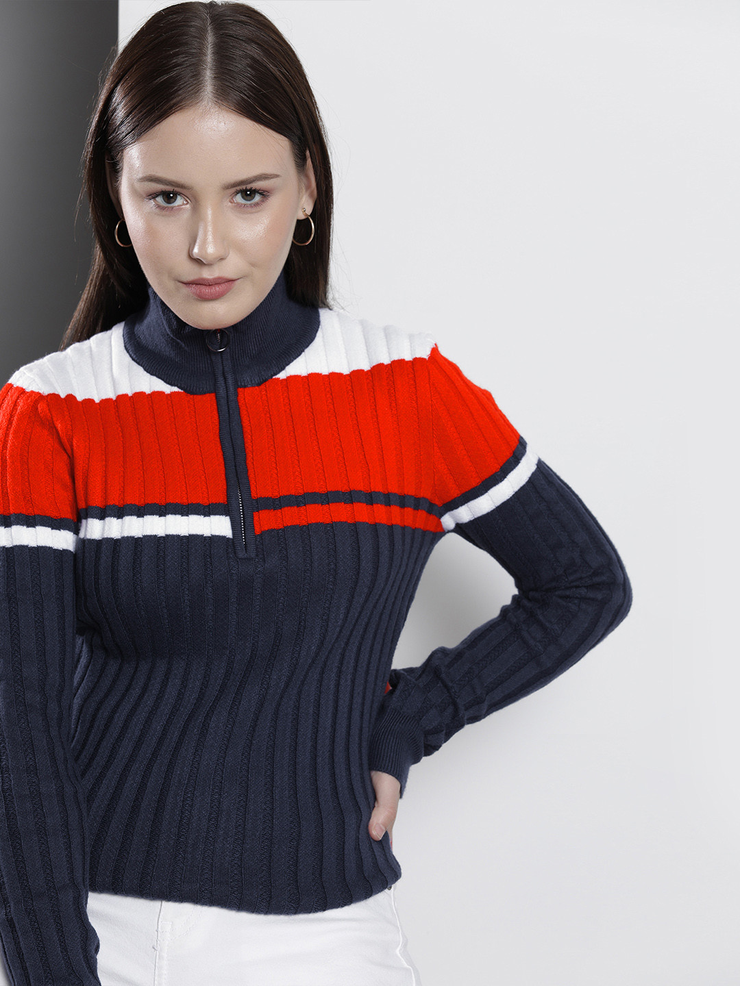 

Tommy Hilfiger Women Navy Blue & Red Colourblocked Pullover