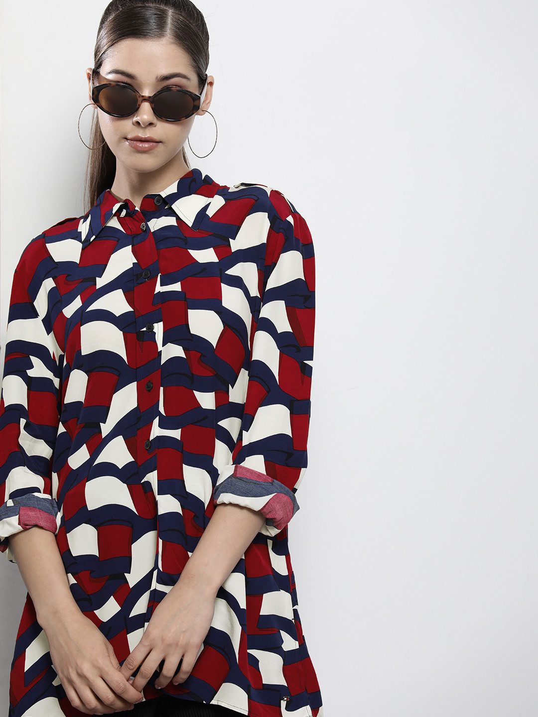 

Tommy Hilfiger Women Red & Multi Graphic Printed Casual Longline Shirt