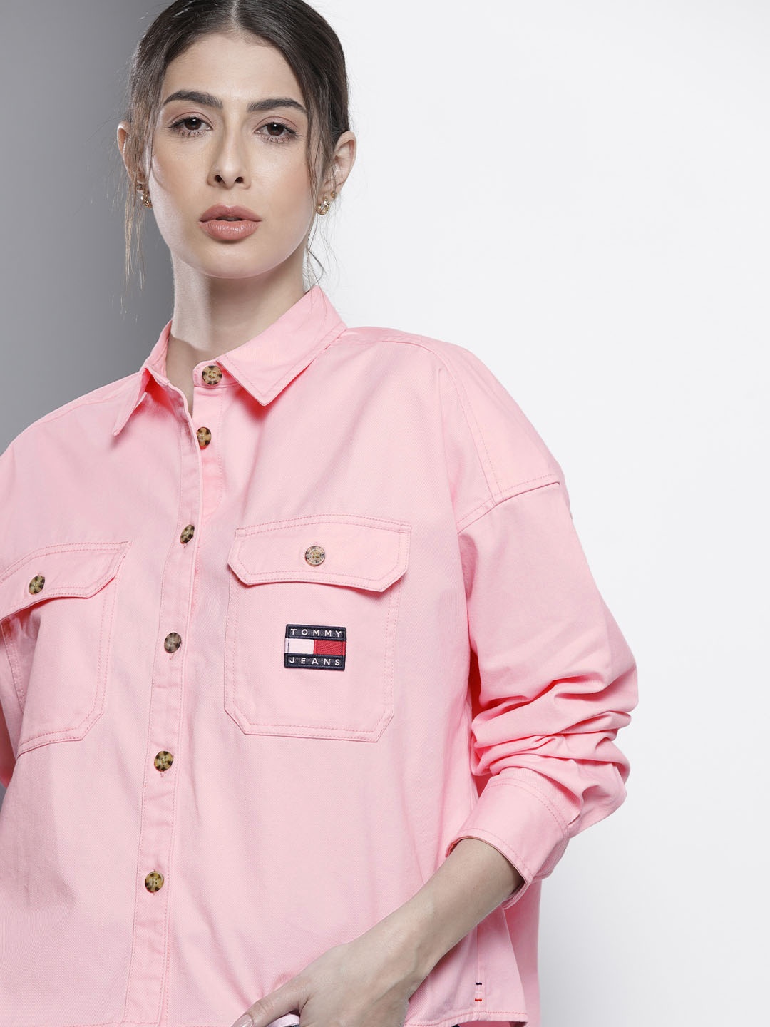 

Tommy Hilfiger Women Pink Solid Opaque Casual Shirt with Applique