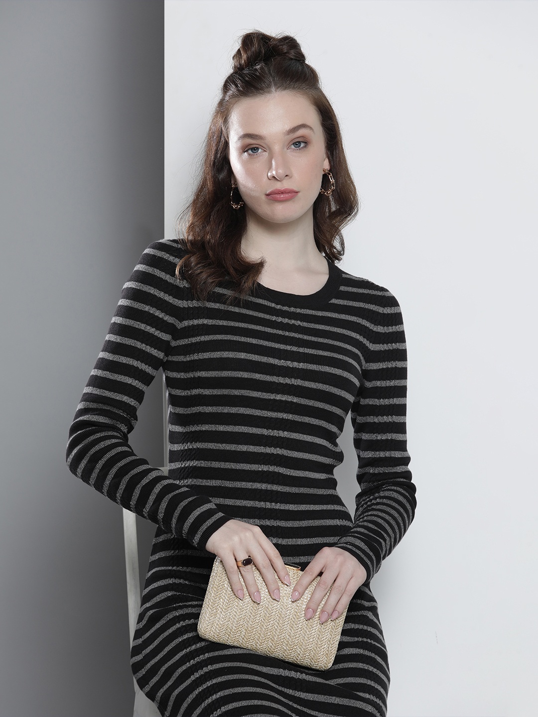 

Tommy Hilfiger Women Black & Grey Striped Bodycon Midi Dress