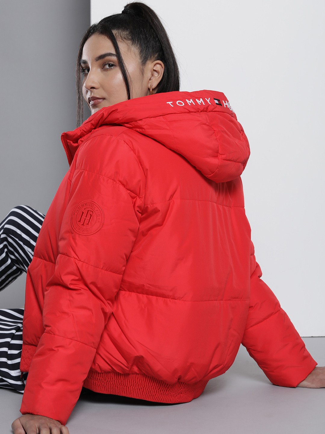 

Tommy Hilfiger Women Red Brand Logo Bomber Jacket
