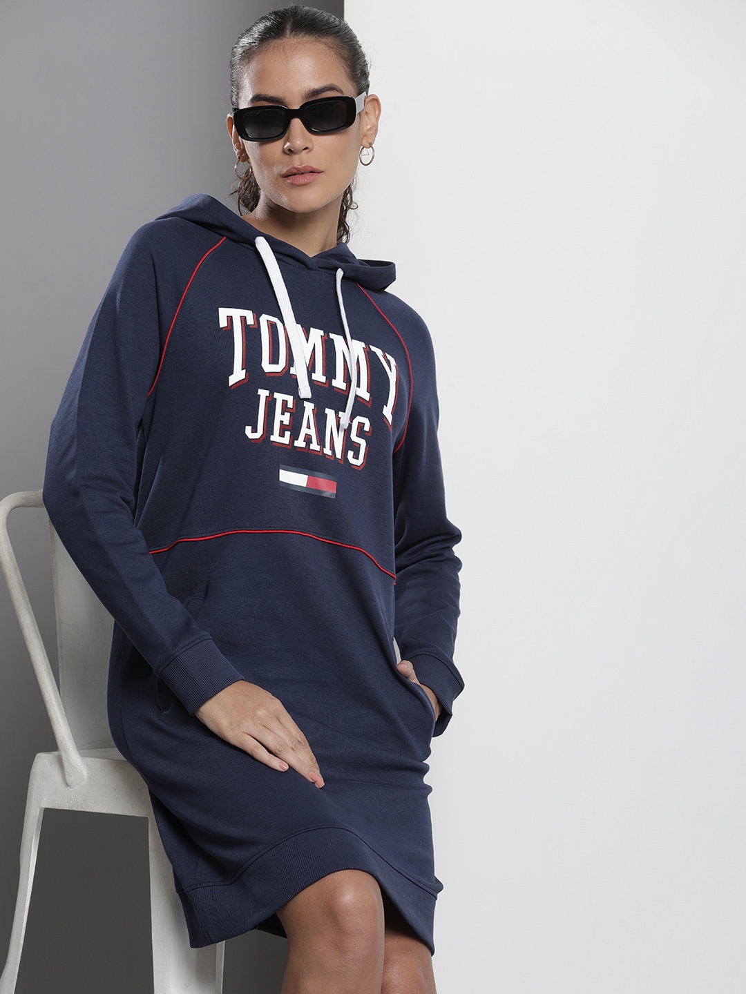 

Tommy Hilfiger Brand Logo Print Hooded T-shirt Dress, Navy blue