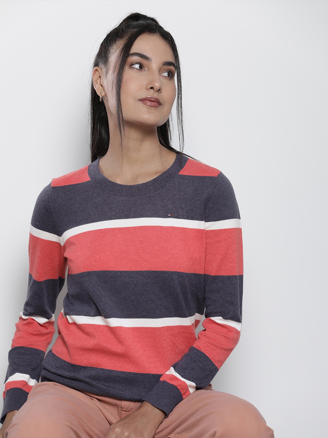 

Tommy Hilfiger Women Navy Blue & Peach-Coloured Crew Striped Cardigan