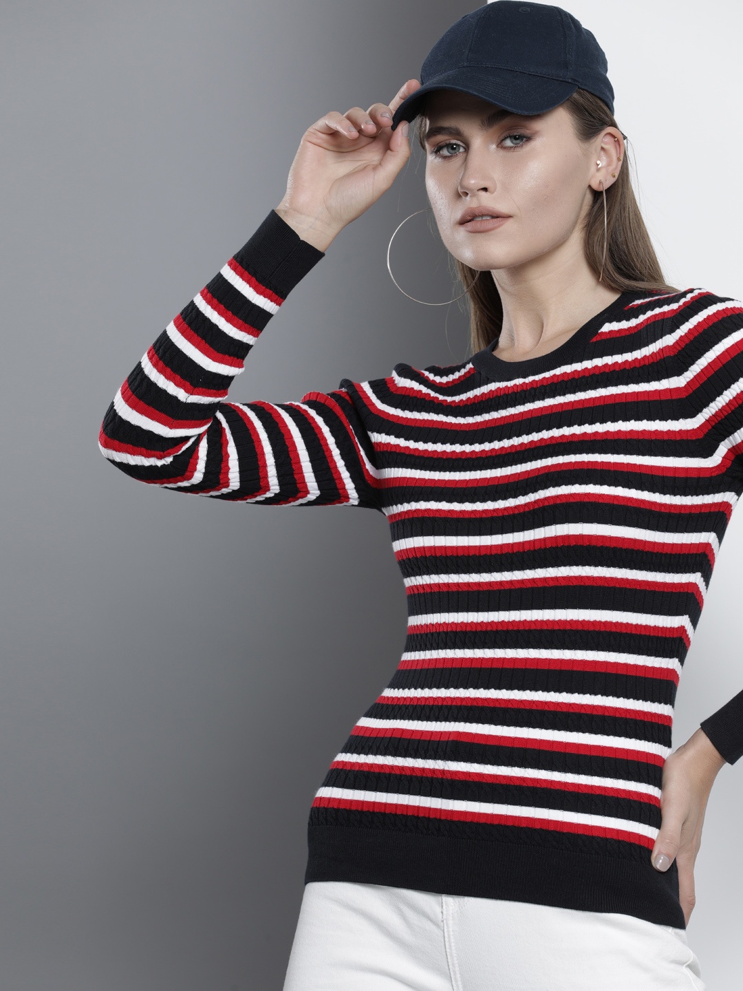 

Tommy Hilfiger Women Navy Blue & Red Striped Pullover Sweater