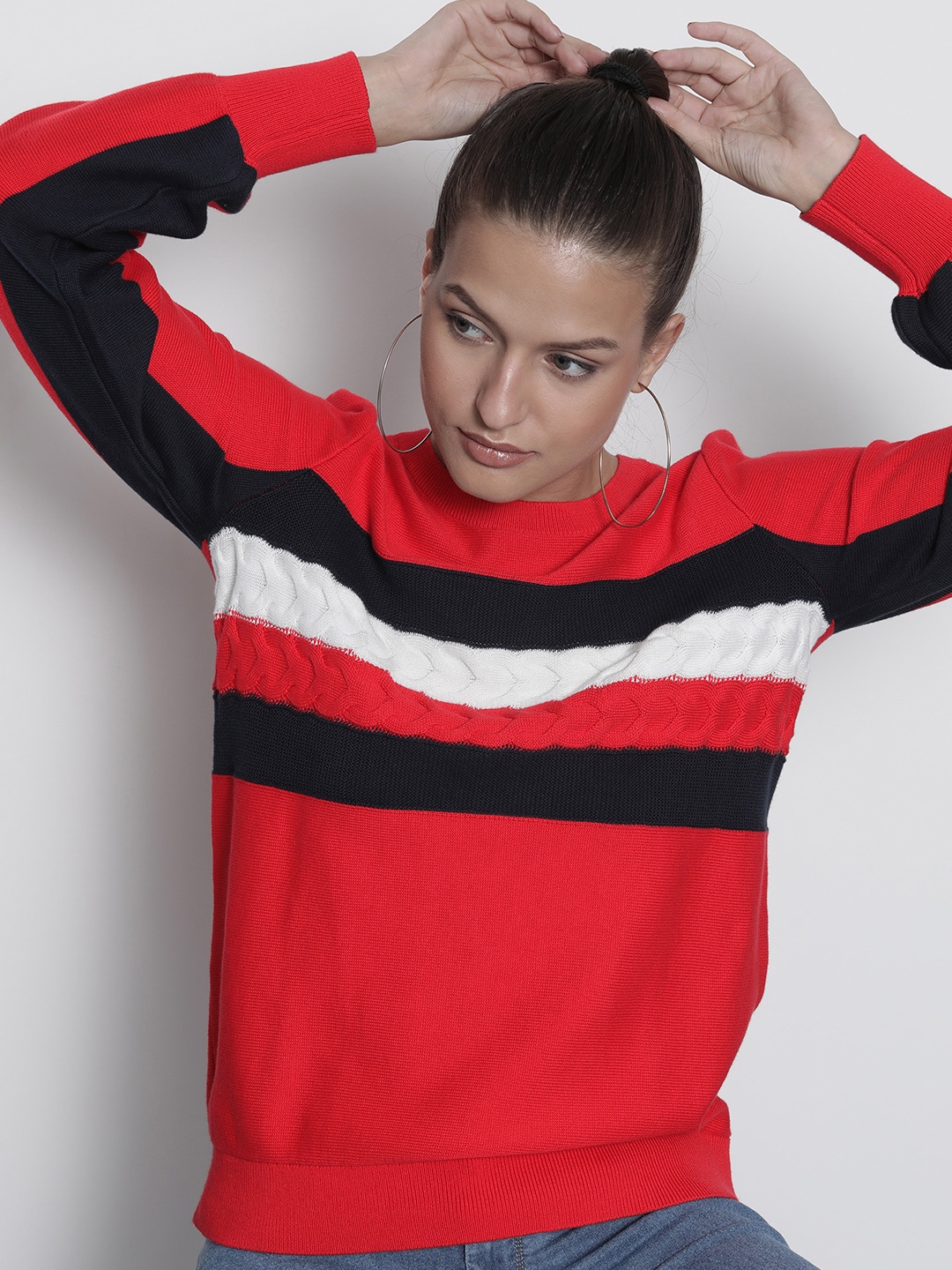 

Tommy Hilfiger Women Red & Navy Blue Colourblocked Pullover