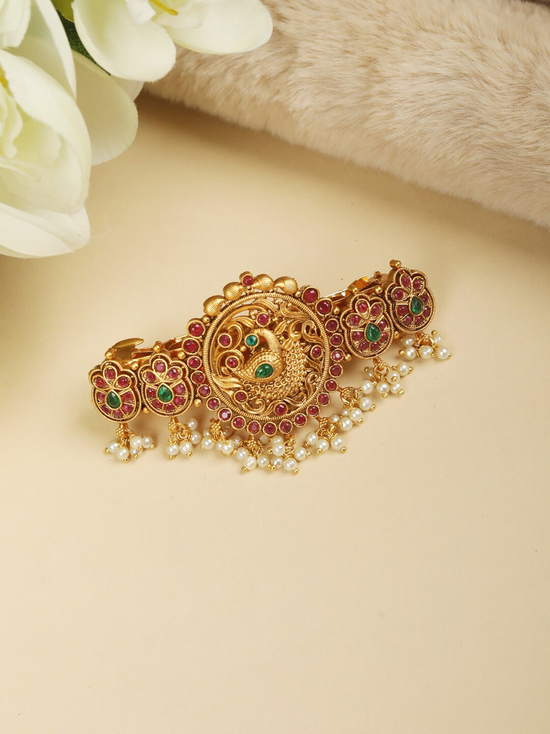 

Priyaasi Gold Plated Multi-Color Pearls Peacock Claw Clip Hair Accessory