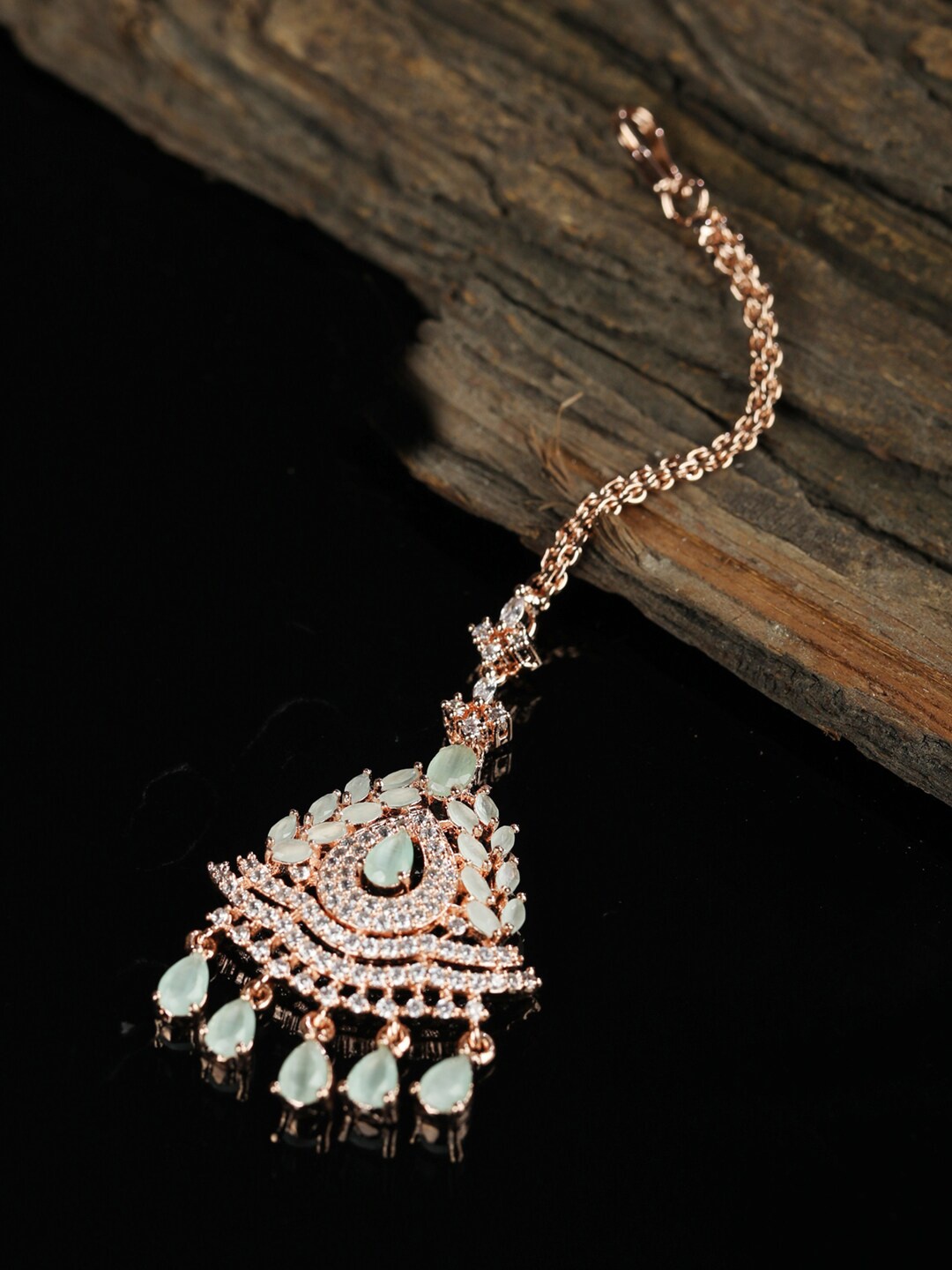 

Priyaasi Rose Gold-Plated Green & White AD-Studded Handcrafted Maang Tikka