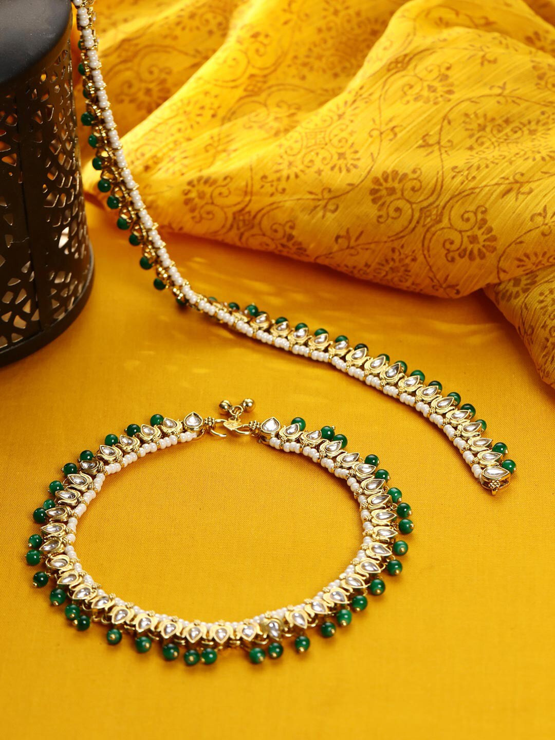 

Priyaasi Gold-Plated White Kundan-Studded & Green Beaded Handcrafted Anklets