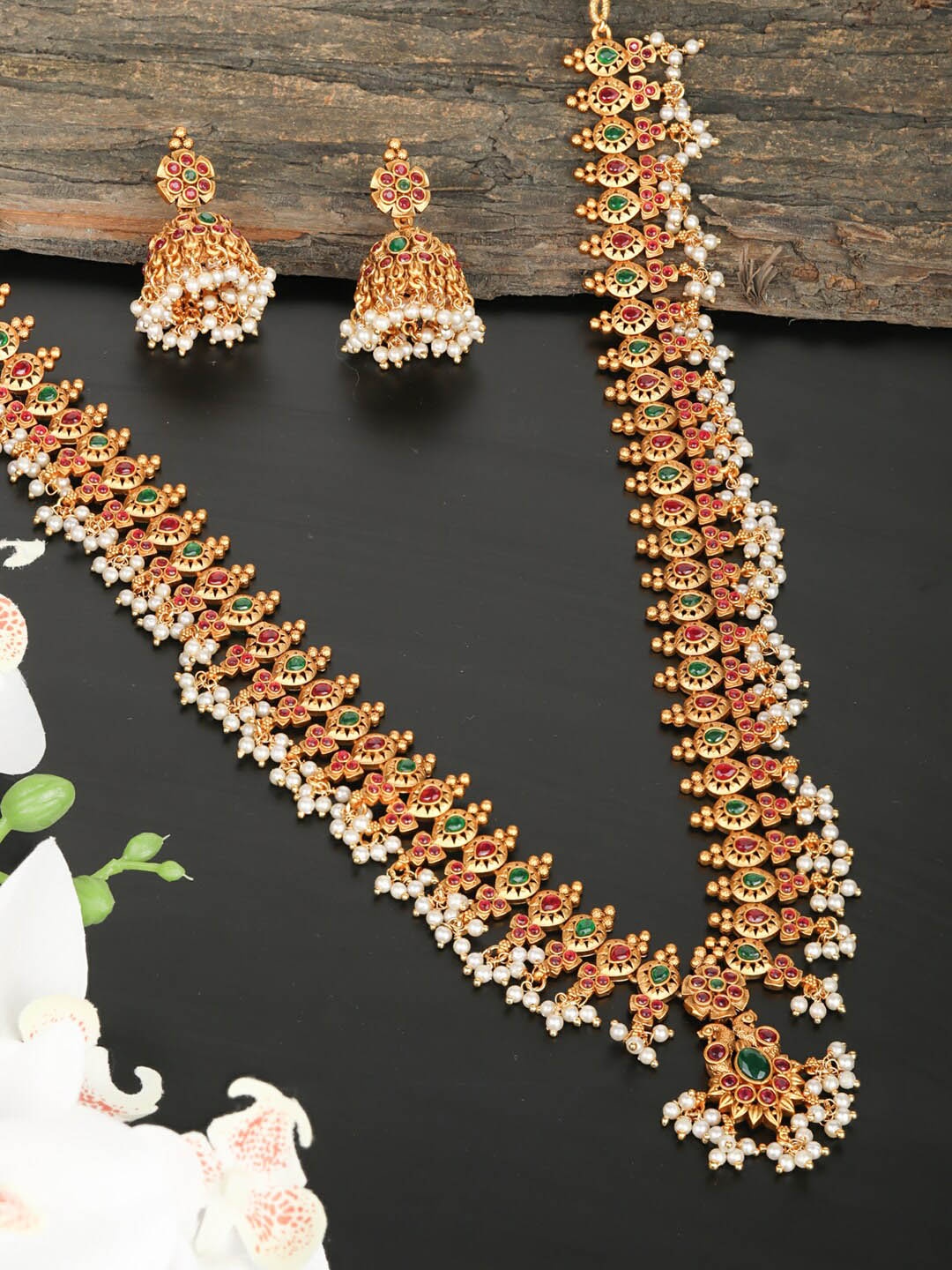 

Priyaasi Gold-Plated Pink & Green Stone-Studded & White Beaded Handcrafted Jewellery Set