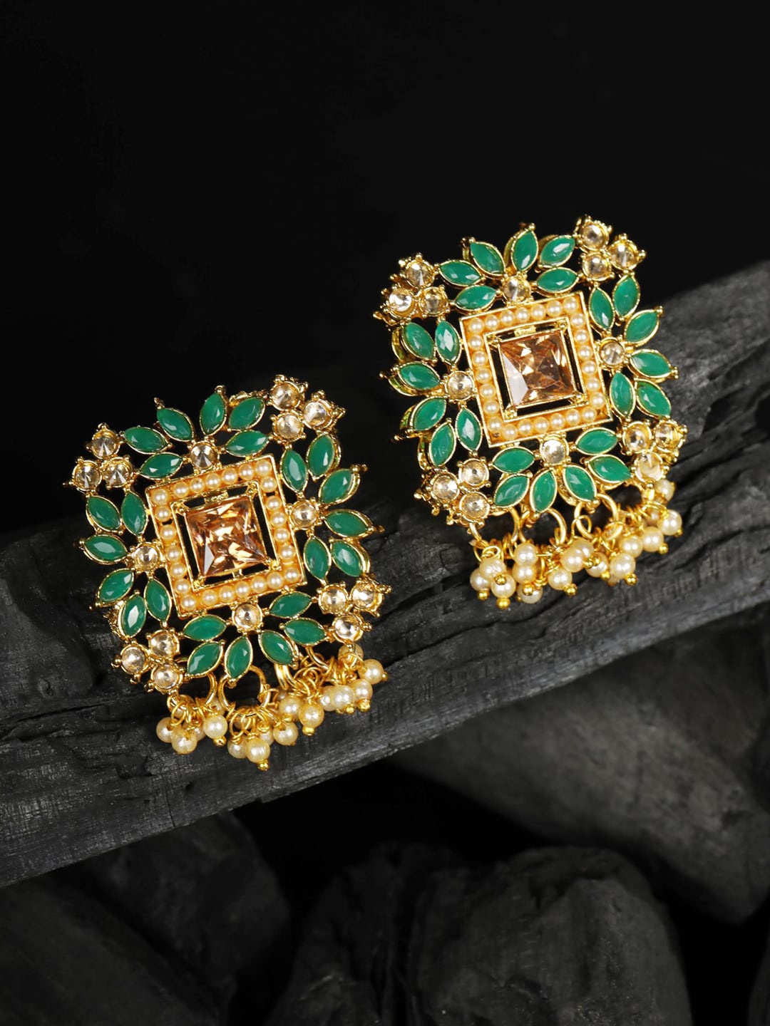 

Priyaasi Gold-Plated Green & Gold-Toned Contemporary Drop Earrings