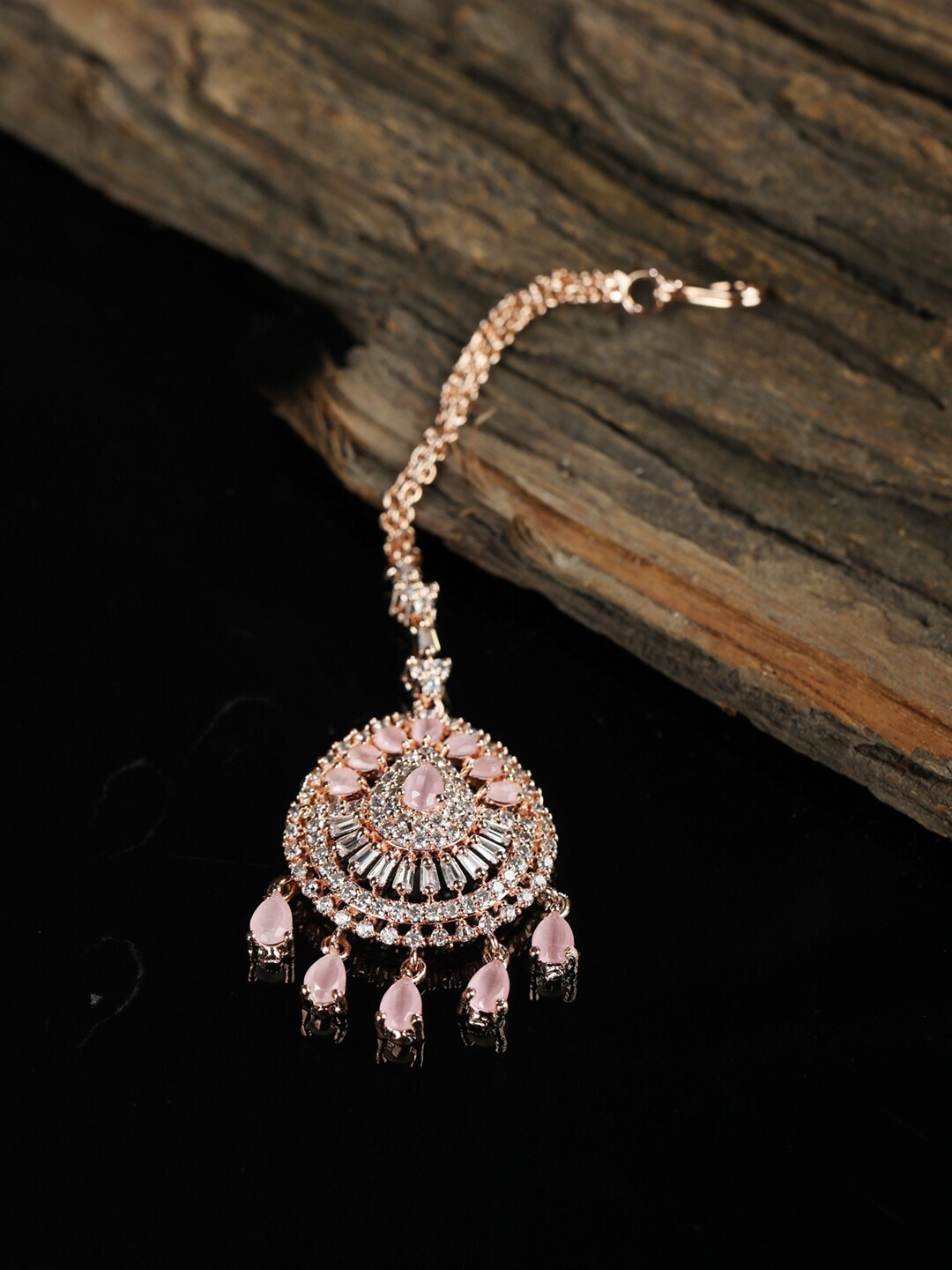 

Priyaasi Women Rose Gold-Plated White & Pink AD-Studded Handcrafted Maang Tikka