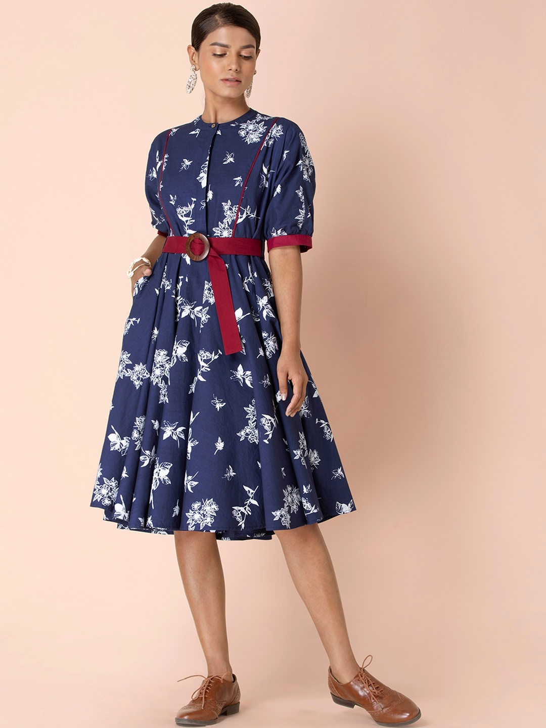 

Earthen BY INDYA Indigo Floral Belted Circular A-Line Dress, Blue