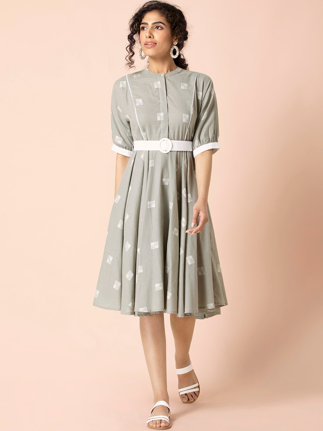 

Earthen BY INDYA Grey Boota Belted Circular A-Line Dress
