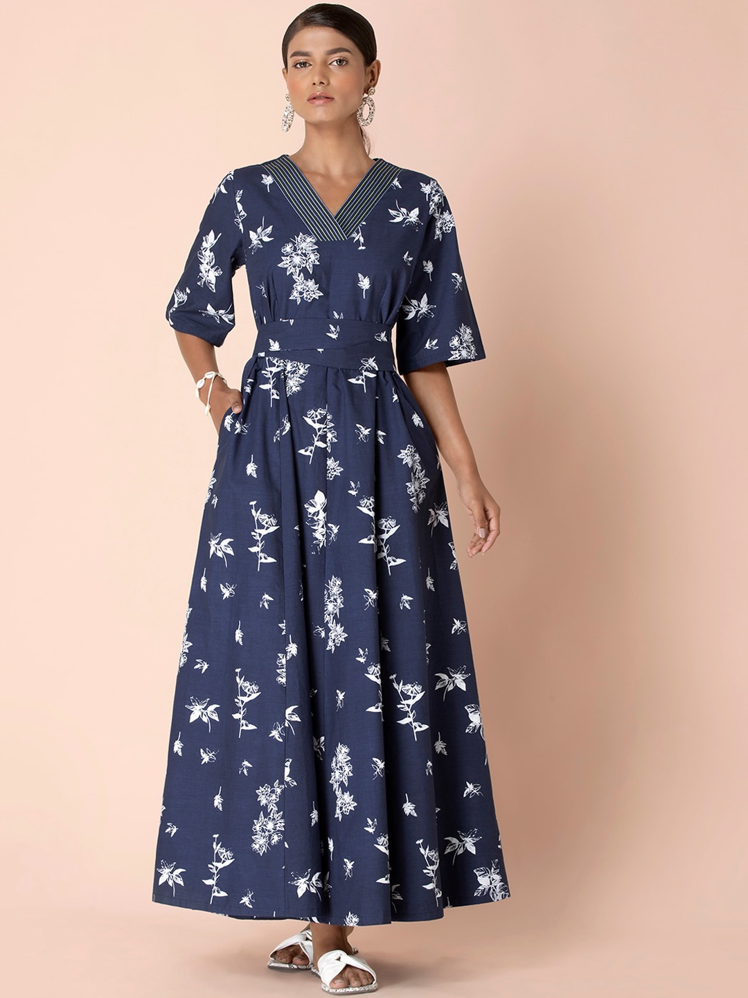 

Earthen BY INDYA Indigo Floral Tie Up Maxi Dress, Blue