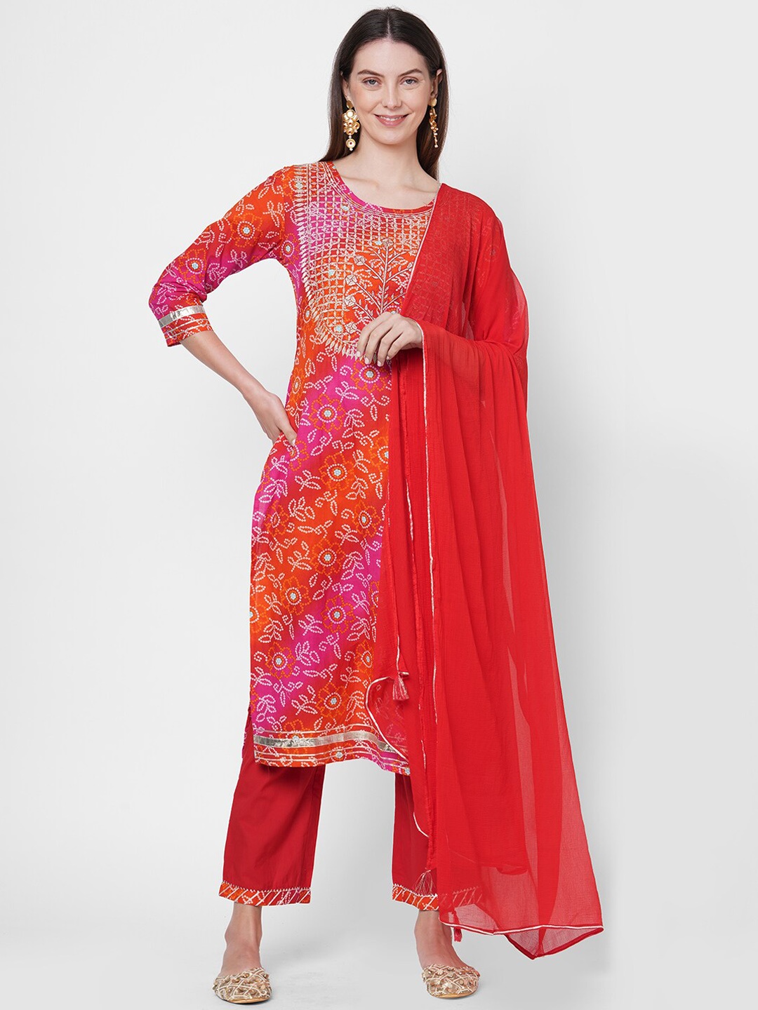 

FASHOR Women Red Bandhani Printed Kurta with Trousers & Dupatta