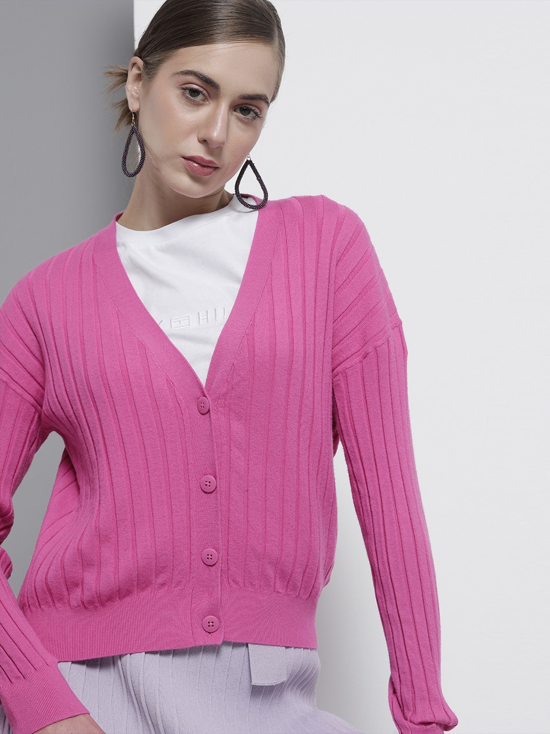 

Tommy Hilfiger Women Pink Striped Cardigan Sweater