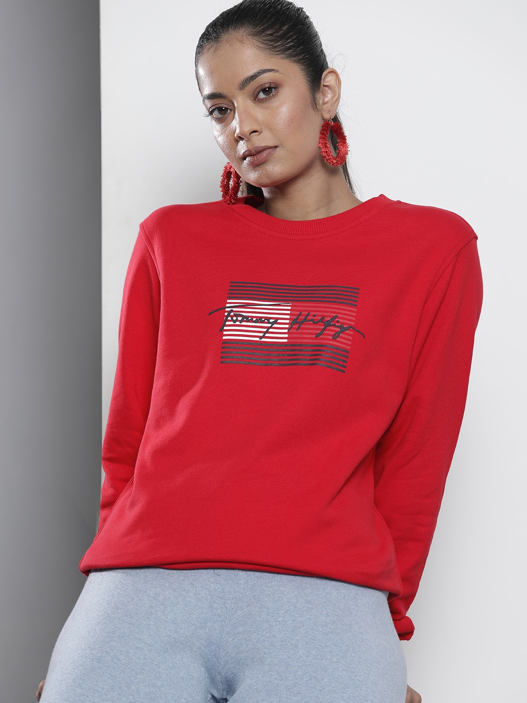 

Tommy Hilfiger Women Red Logo And Flag Embroidered Pure Cotton Pullover Sweatshirt