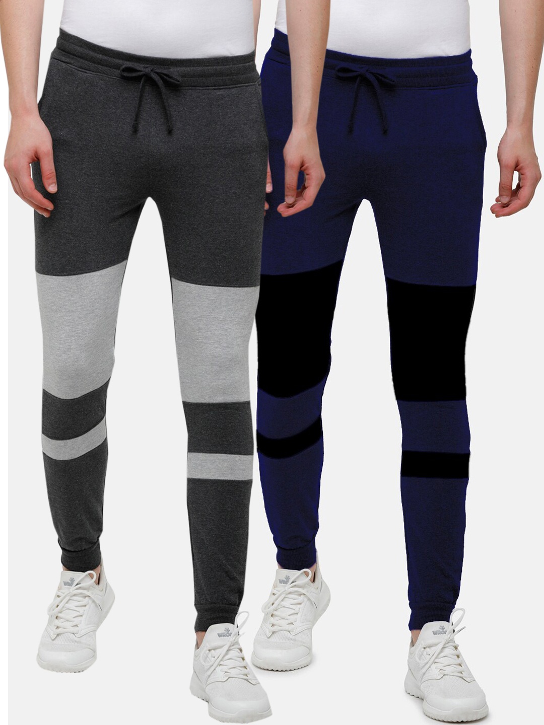 

MADSTO Men Pack Of 2 Colourblocked Cotton Slim-Fit Joggers, Grey