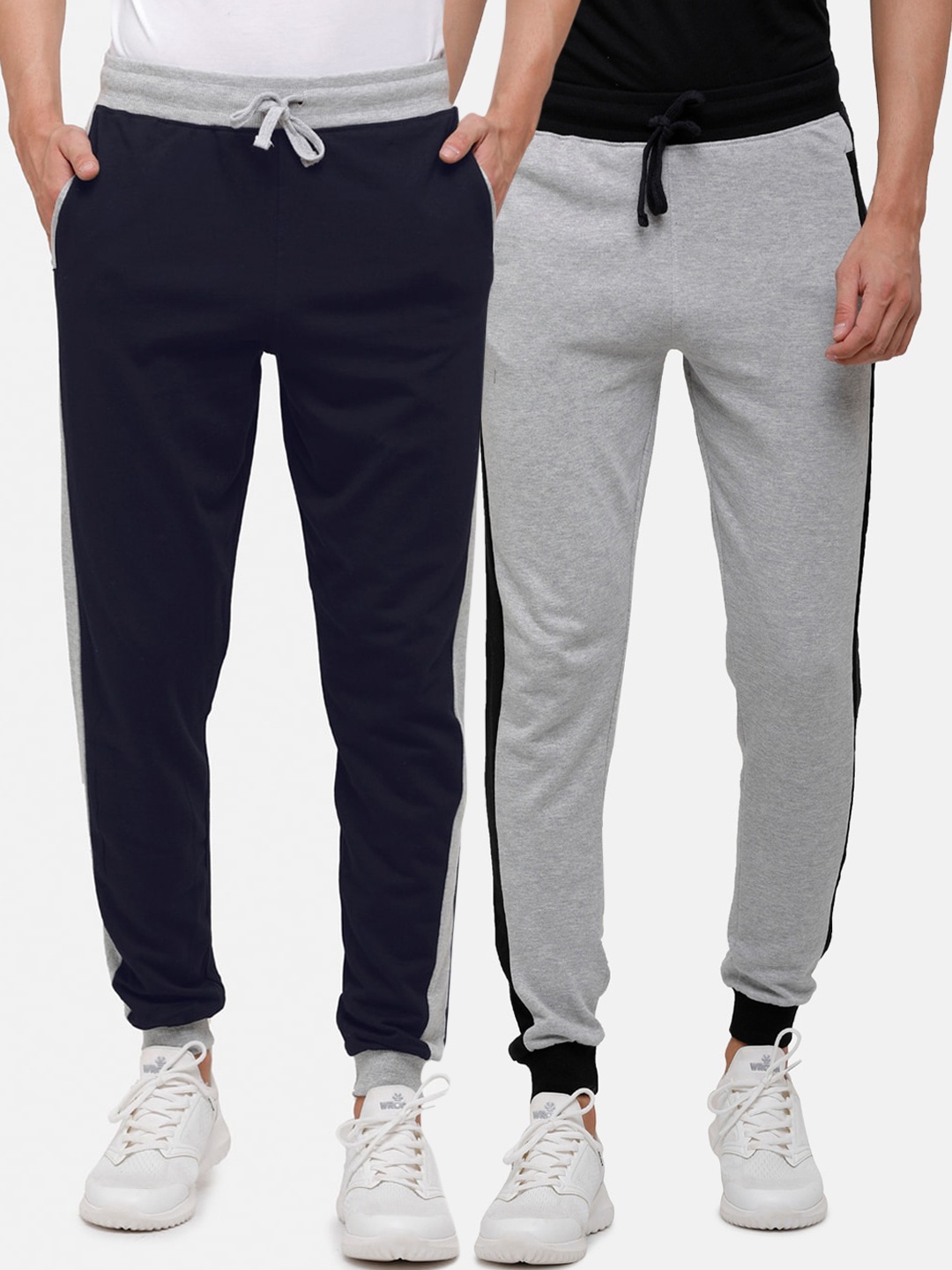 

MADSTO Men Pack Of 2 Navy Blue & Grey Solid Slim-Fit Cotton Joggers