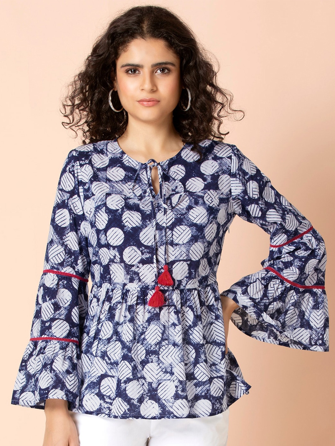 

Earthen BY INDYA Blue Circular Flared Sleeve Top