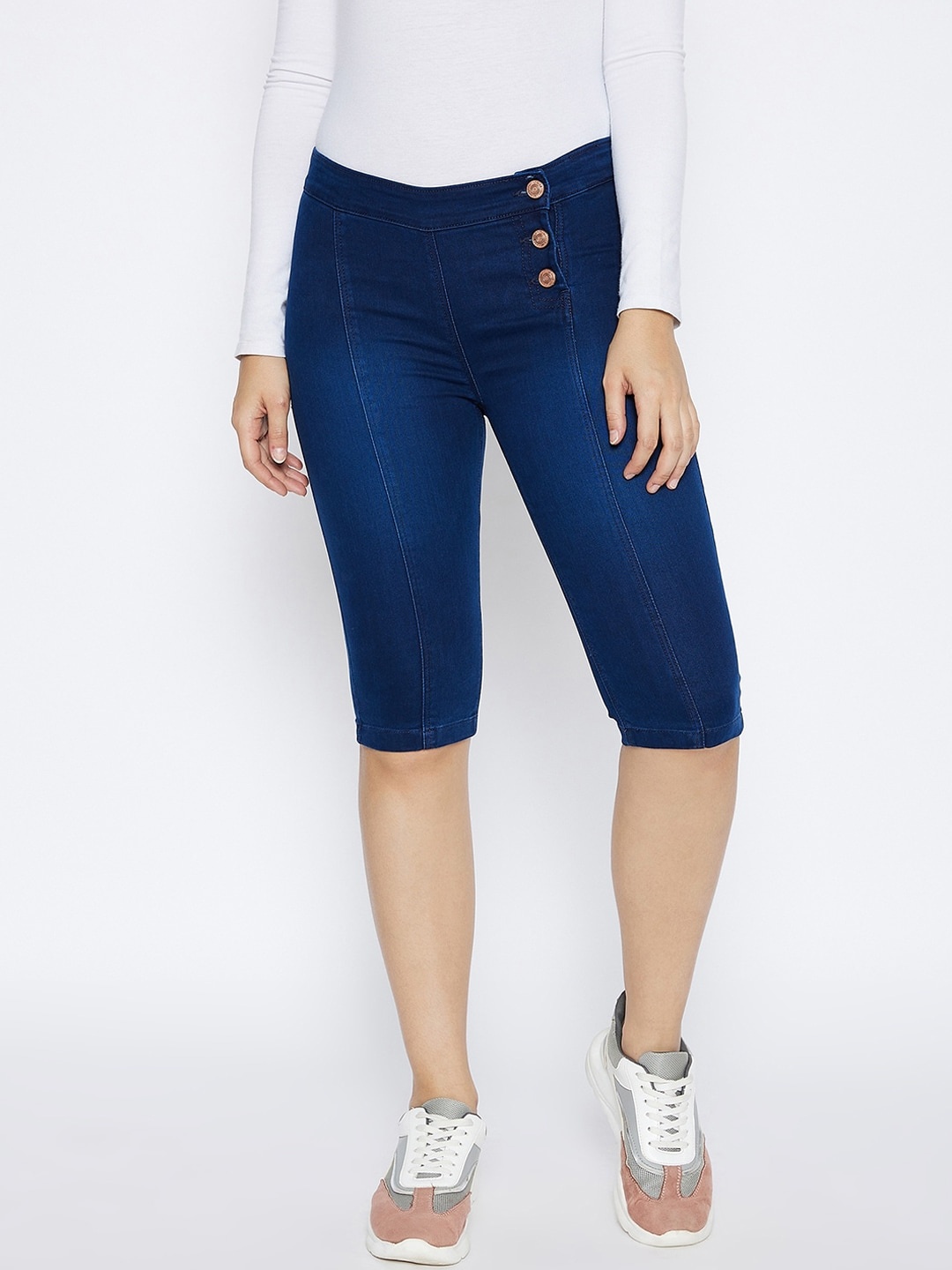 

Crimsoune Club Women Navy Blue Washed Slim Fit Mid-Rise Denim Shorts