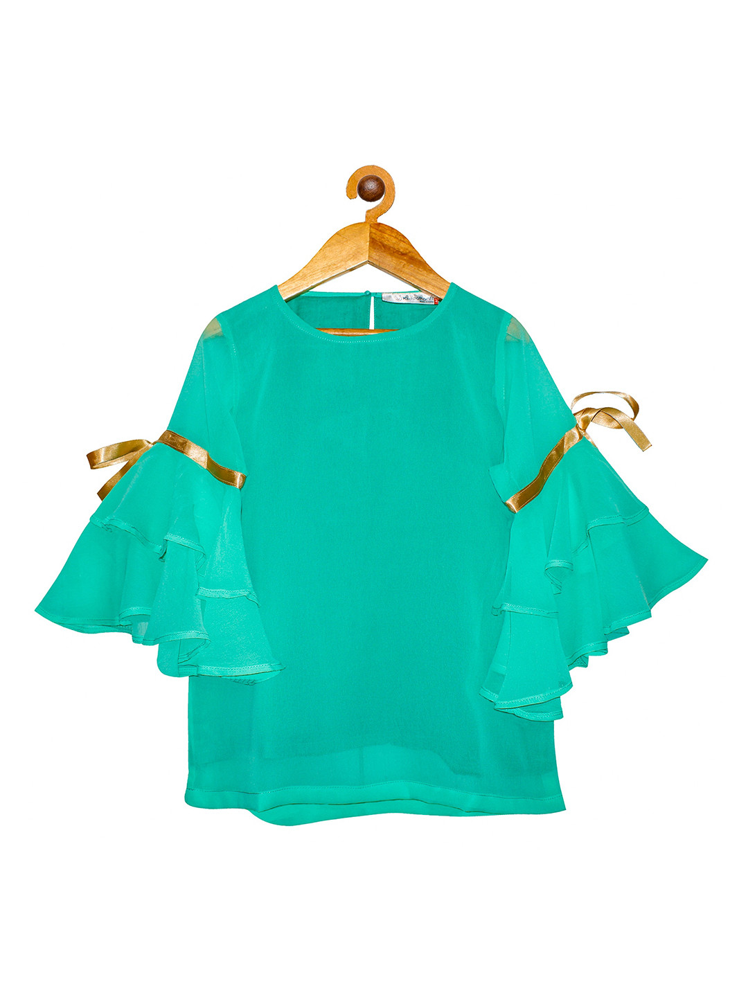 

KiddoPanti Sea Green Bell Sleeve Georgette Regular Top