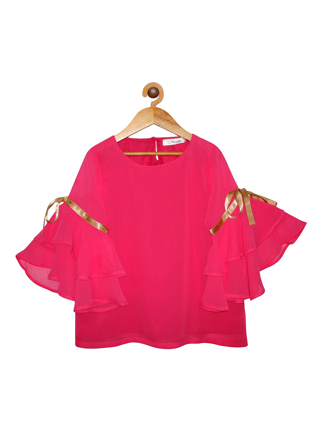 

KiddoPanti Girls Pink & Gold-Toned Georgette Regular Bell Frill Sleeves Top