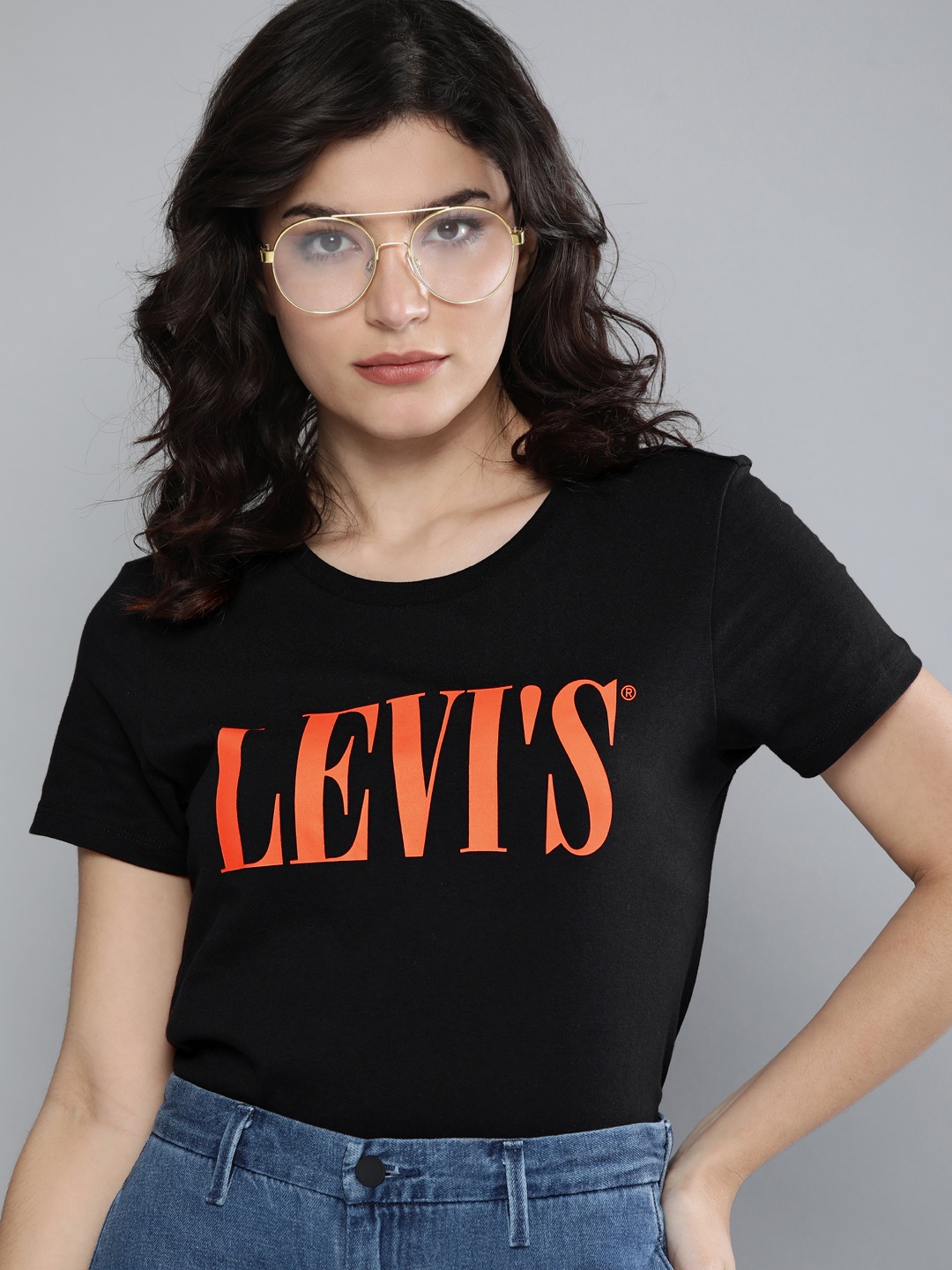 

Levis Women Black Printed Pure Cotton T-shirt