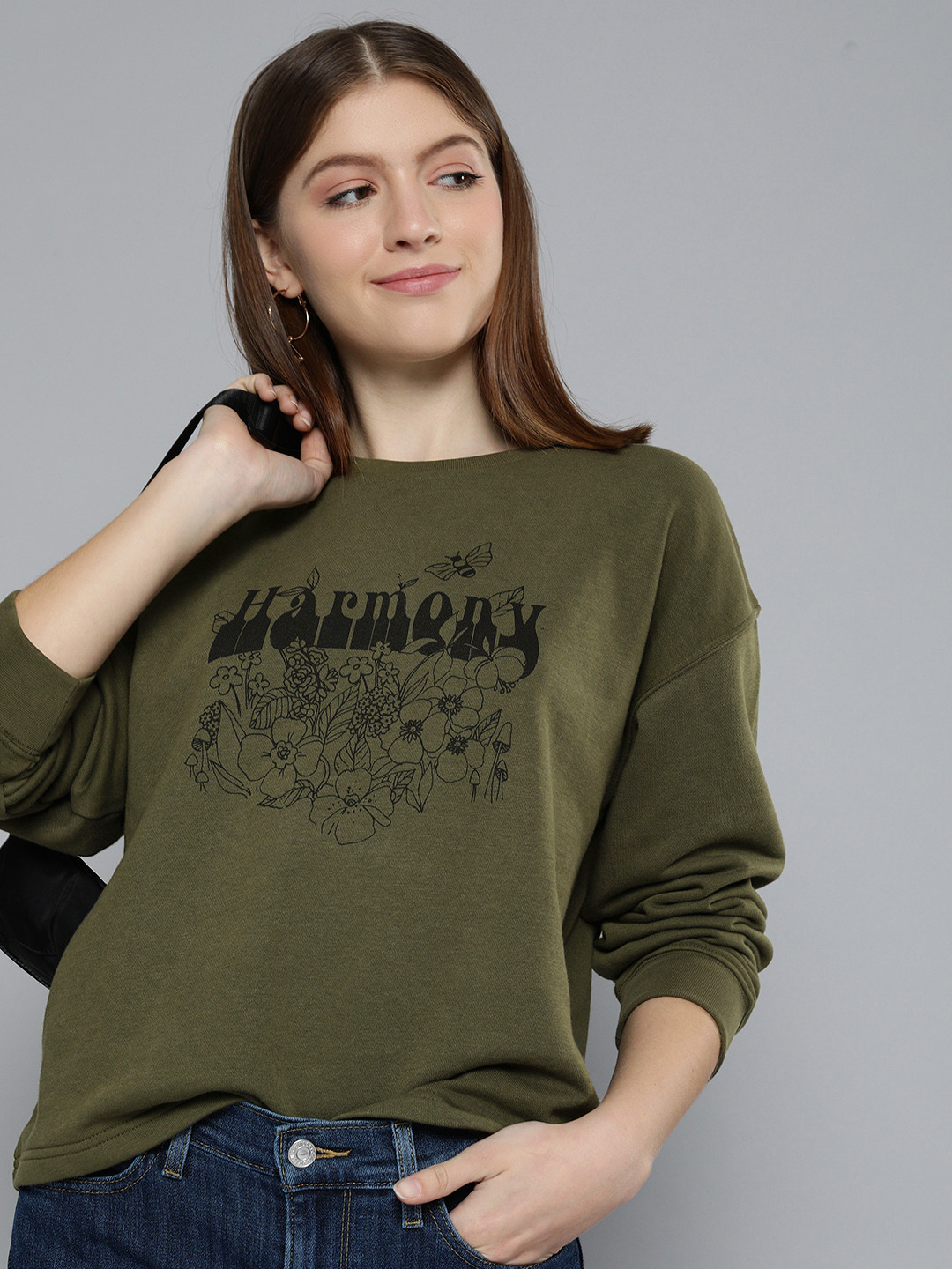 

Levis Women Olive Green & Black Typography Printed Round Neck Sweatshirt