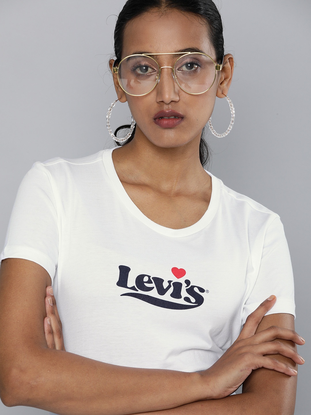 

Levis Women White Black Graphic Brand Logo Printed Pure Cotton T-shirt