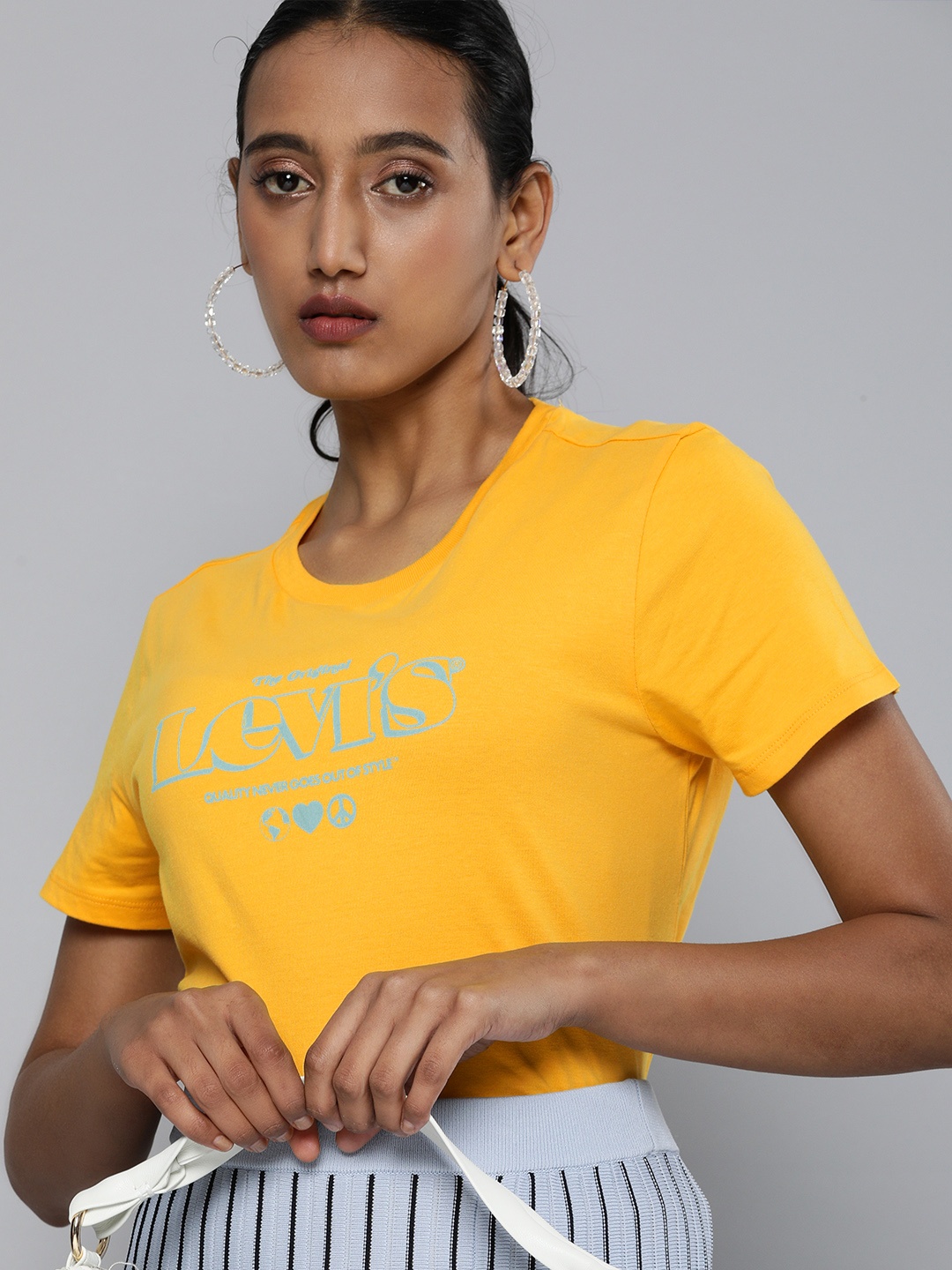 

Levis Women Yellow Blue Brand Logo Printed Pure Cotton T-shirt