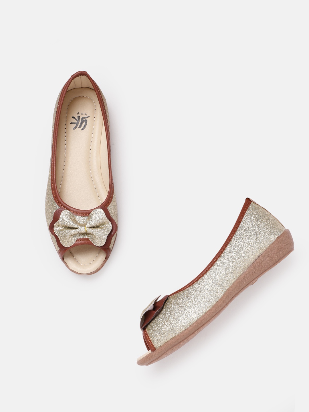 

YK Girls Gold-Toned & Brown Shimmer Peep Toe Ballerinas with Bows