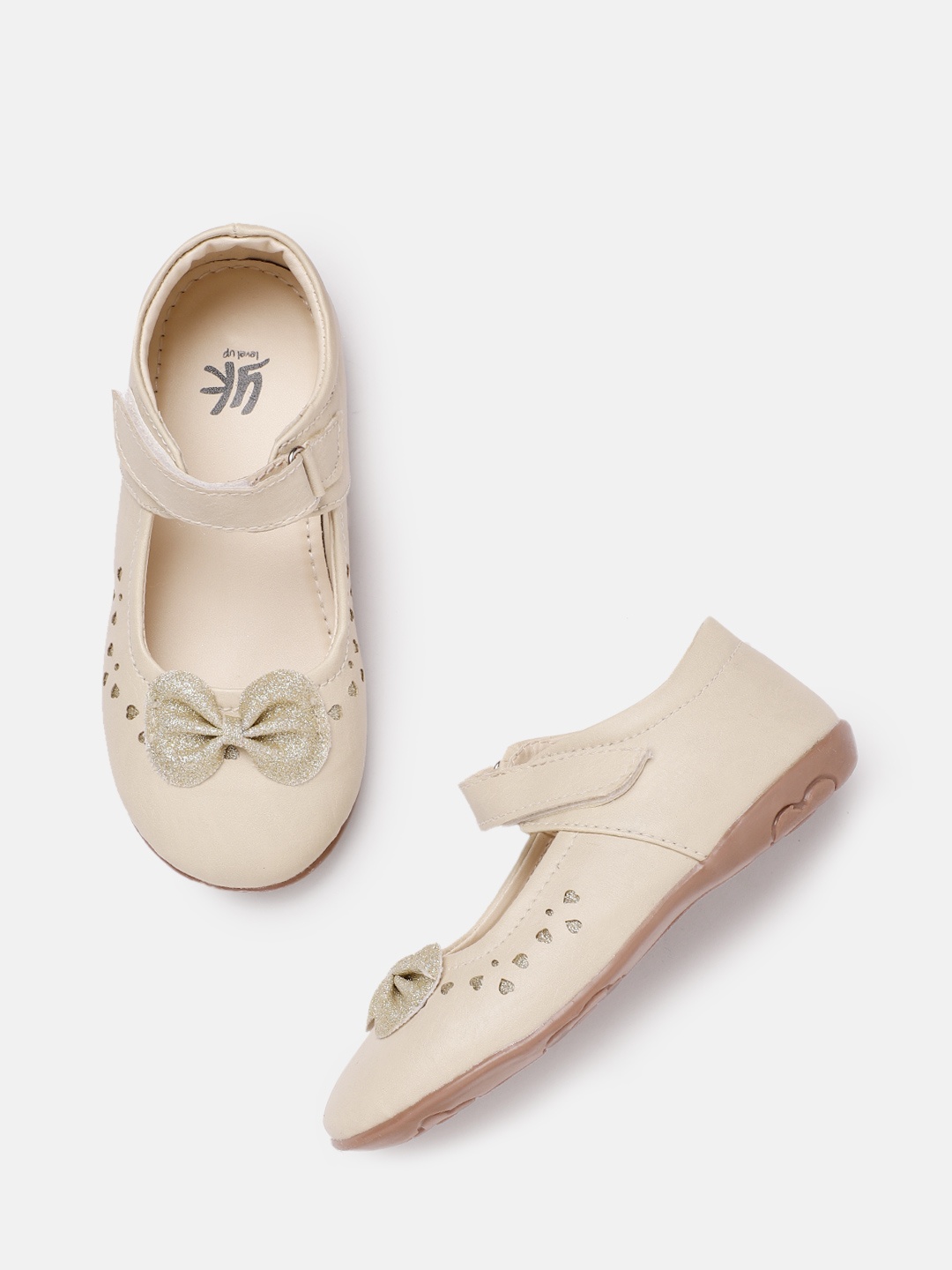 

YK Girls Beige Laser Cut Mary Janes with Bow