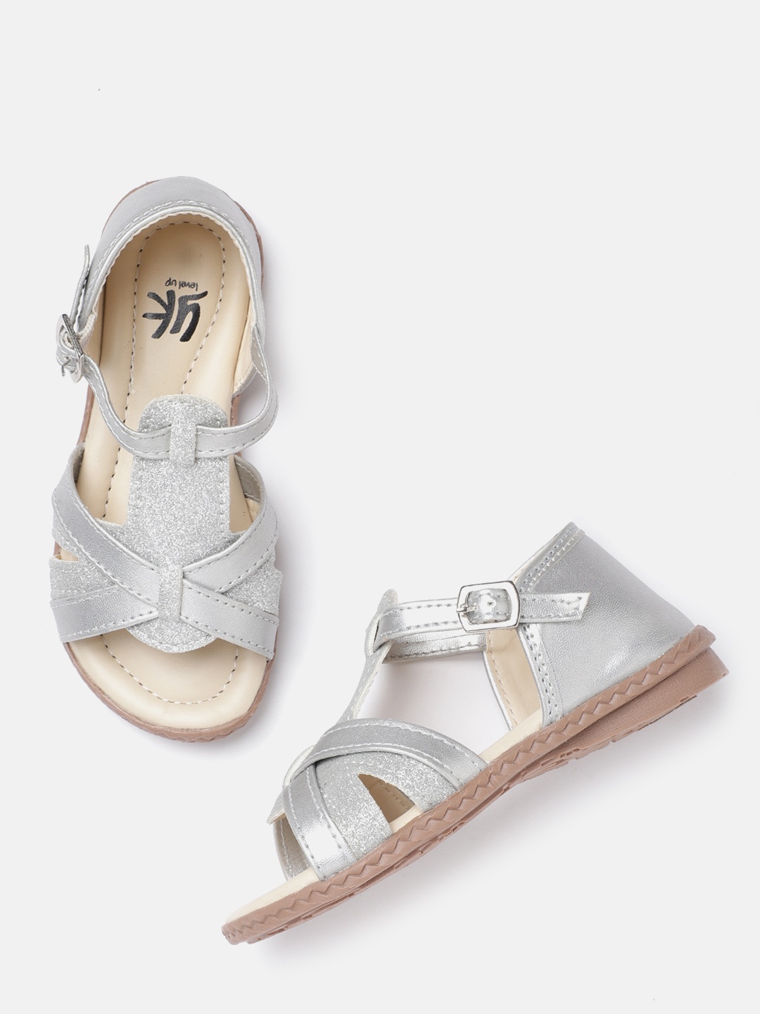 

YK Girls Silver-Toned Solid Glitter Effect Open Toe Flats
